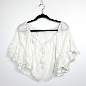 SpicySugar Short Sleeve White Crop Top with Tied Tassels